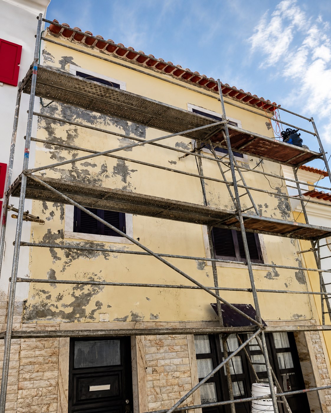 Fachada degradada durante a preparação, com andaimes montados