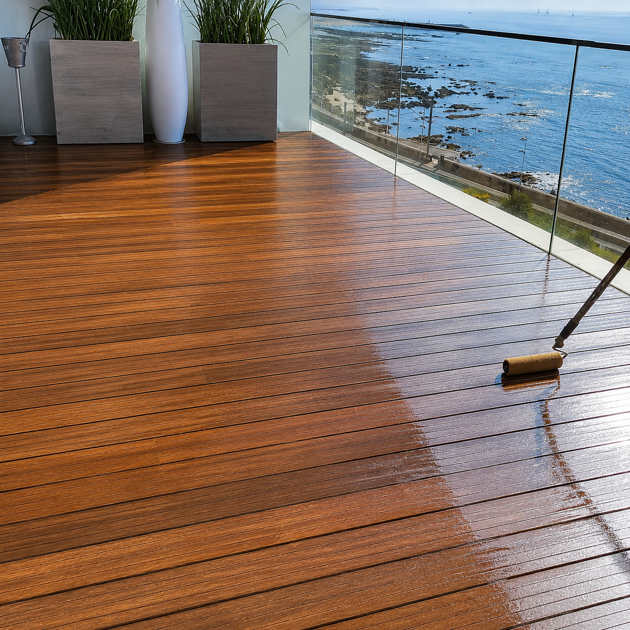 Passagem exterior em deck junto a piscina