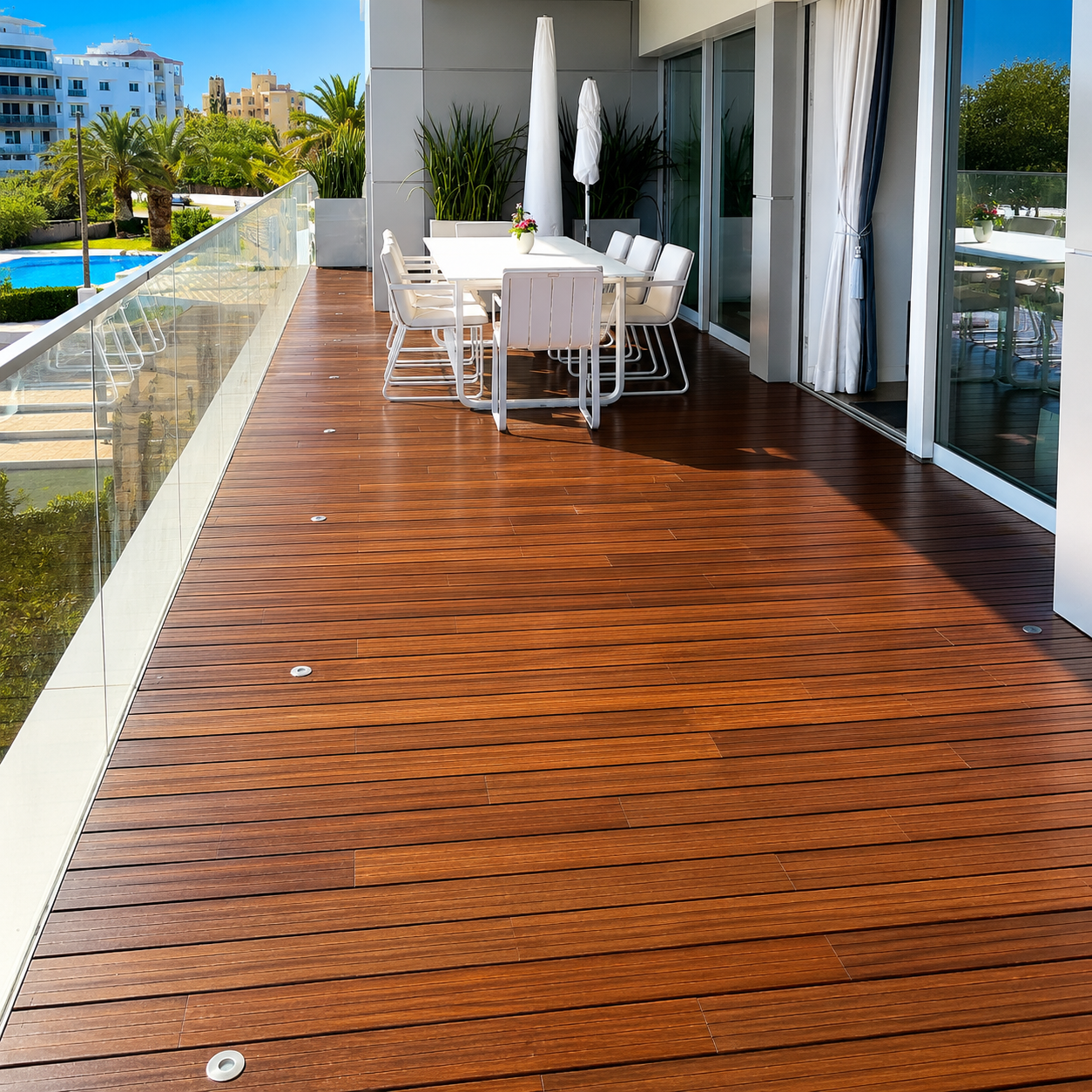 Deck de madeira tratado em varanda