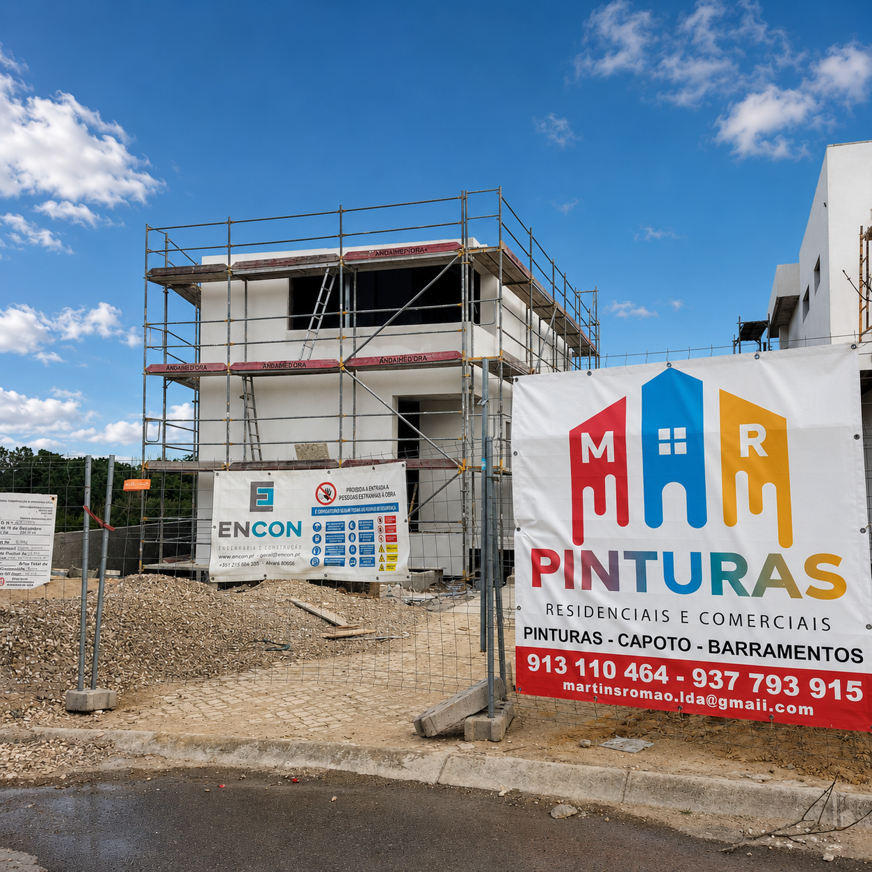 Moradia em obra com andaimes e placa da MR Pinturas