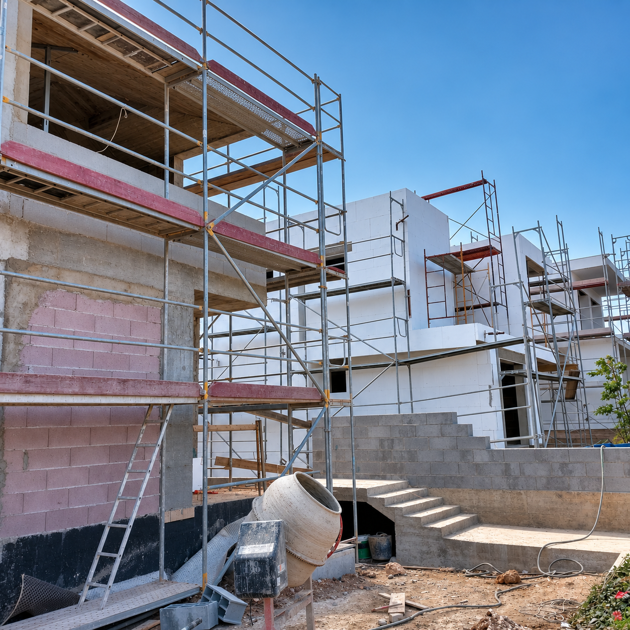 Obra exterior em andamento com andaimes